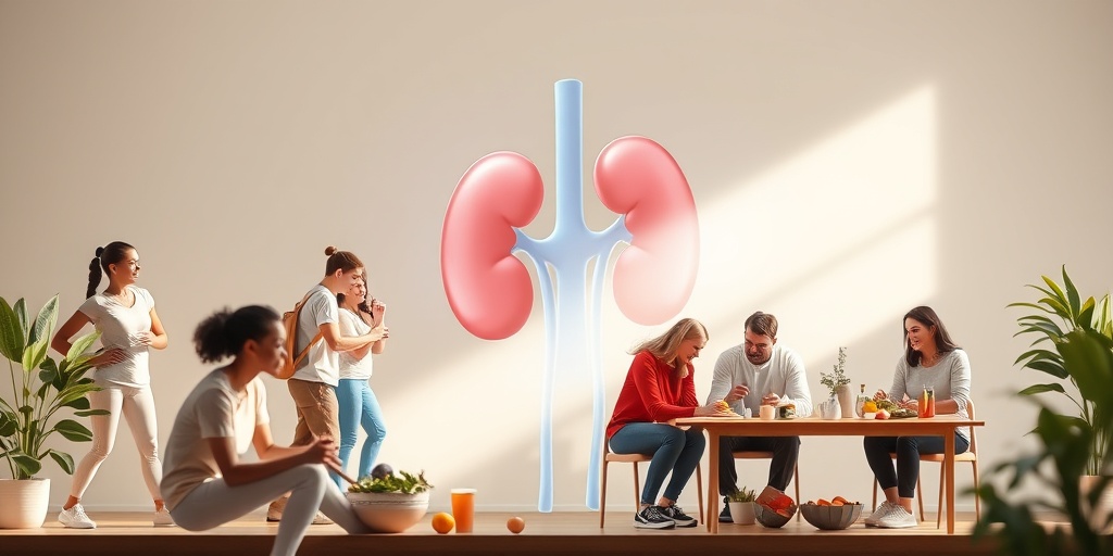 Diverse individuals promoting kidney health through exercise and nutritious meals, with stylized kidneys symbolizing their importance.2.png