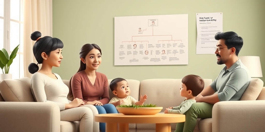 Diverse parents discuss family medical history in a warm living room, emphasizing awareness of Hirschsprung's Disease risk factors.  3.png