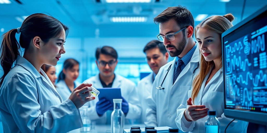 Diverse scientists collaborate in a high-tech lab, examining genetic samples, symbolizing future research on HGPS.  5.png