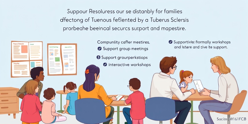 Families gather at a community center, exploring resources and support for Tuberous Sclerosis, fostering connection and understanding.  5.png