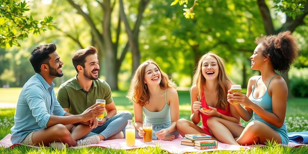 Friends enjoy a joyful picnic in a lush park, celebrating the positive impact of sexual wellness on overall health.2.png