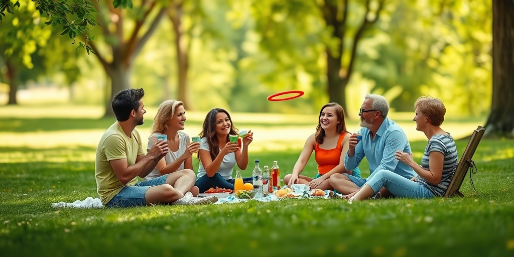 Friends enjoying a picnic in a vibrant park, promoting hydration and healthy snacks to prevent low blood pressure.  5.png