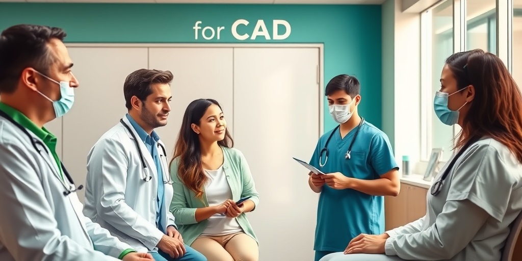 Healthcare professionals discuss CAD treatment options with a patient in a modern clinic, radiating hope and support.4.png