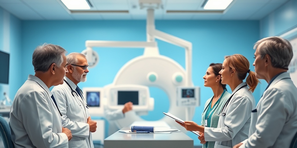 Healthcare professionals discuss treatment options for Giant Cell Glioblastoma in a modern medical environment, conveying hope.4.png