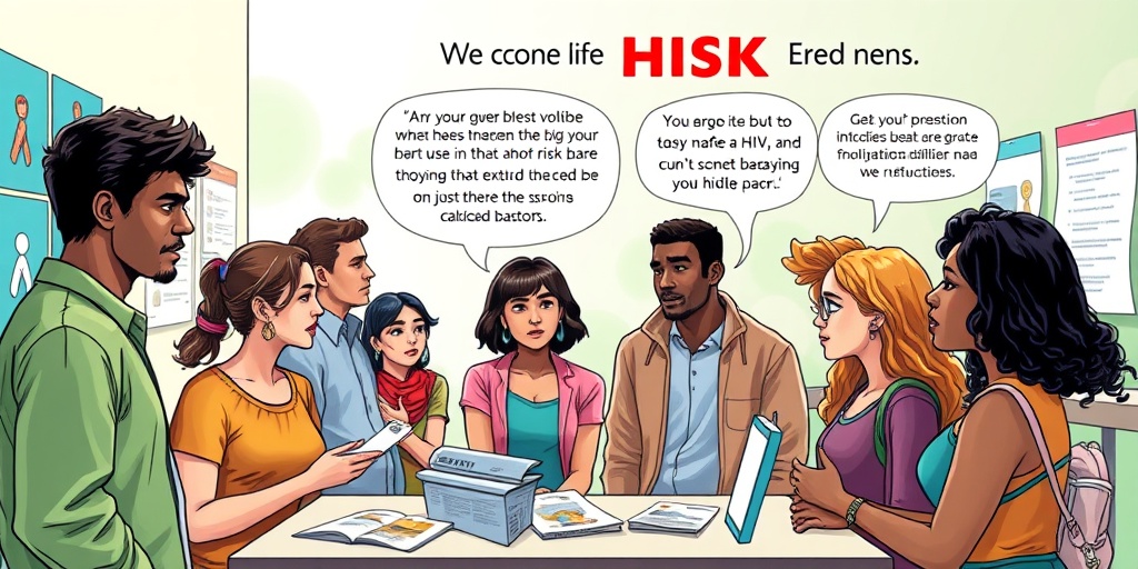 Individuals engage in discussions about HIV risk factors in a community setting, emphasizing education and safe practices for prevention.  3.png