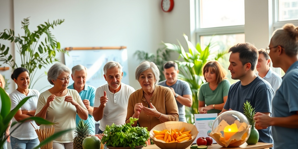 Individuals engage in exercise and nutrition education at a community workshop, promoting proactive health measures in a vibrant setting.  5.png