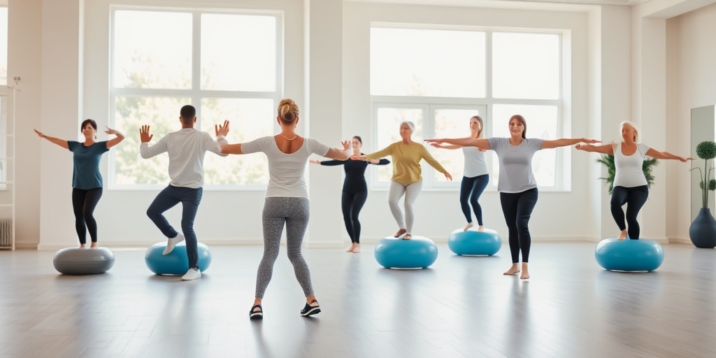 Individuals engage in tai chi and Pilates in a bright gym, promoting balance with natural light and inviting colors.  4.png