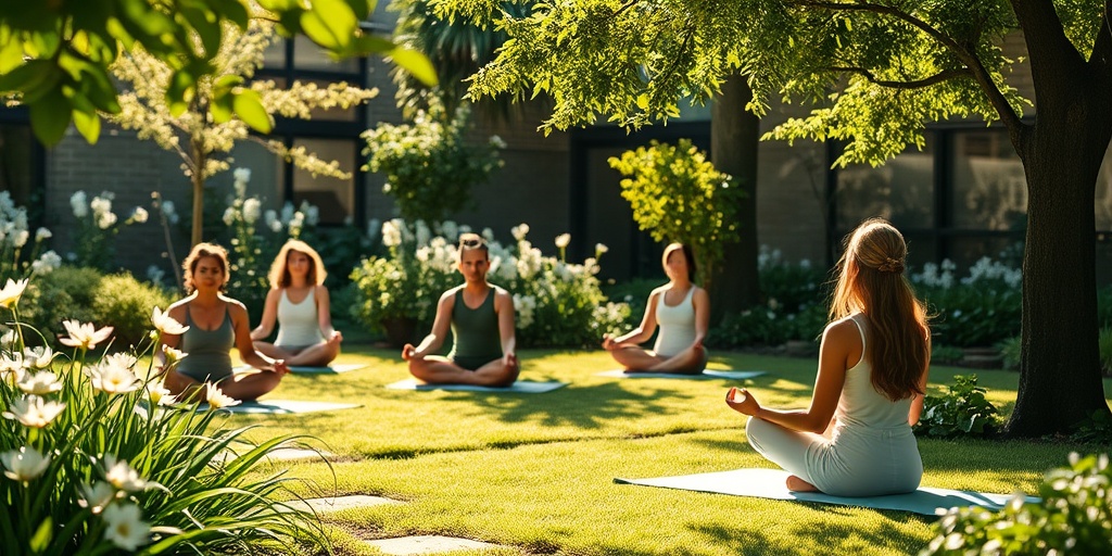 Individuals practice mindfulness in a peaceful garden, surrounded by greenery and flowers, promoting tranquility and healing.  5.png