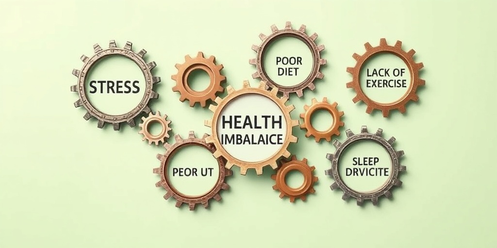 Interconnected gears illustrate health imbalances, labeled with stress, poor diet, and lack of exercise against a soft green backdrop.  3.png