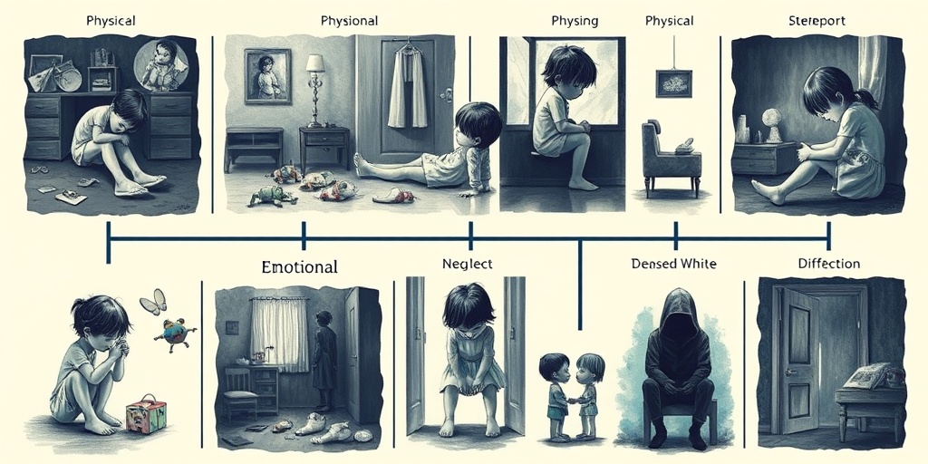 Interconnected vignettes illustrate various child abuse forms, using broken toys and dark rooms for emotional impact.  2.png