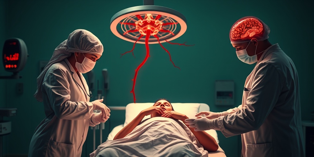 Medical professionals attending to a distressed patient in a hospital, emphasizing the complications of arteriovenous malformation.  4.png