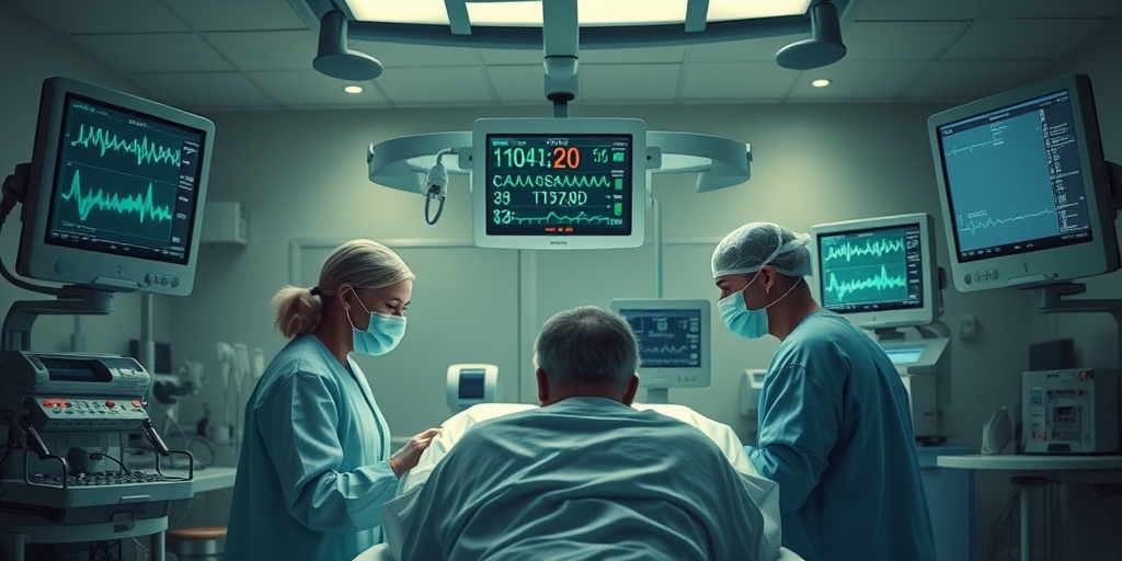 Medical professionals attending to a patient in a hospital, highlighting urgency with vital signs displayed on monitors.  4.png