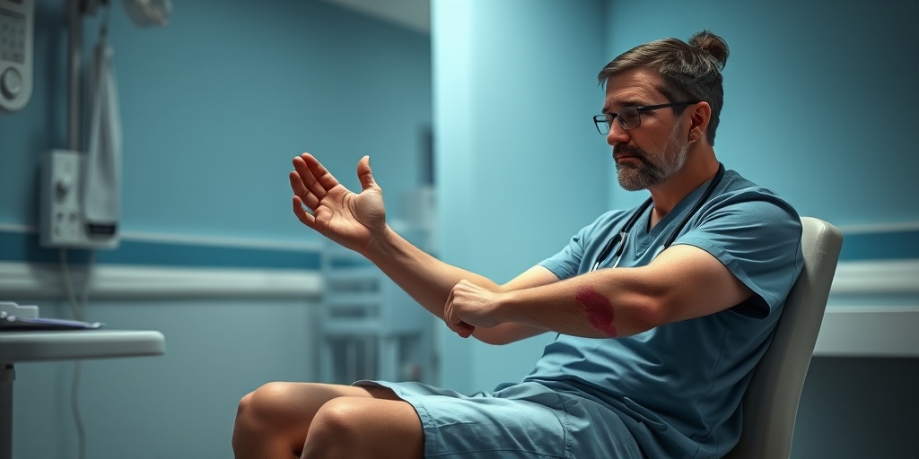 Patient with Wells' Syndrome symptoms in a medical room, observed by a healthcare professional, calm blue accents in the background.  2.png