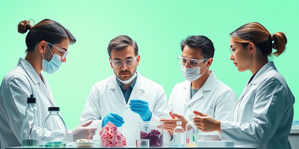 Scientists examine brain tissue samples in a lab, symbolizing progress in Giant Cell Glioblastoma research against a soft green backdrop.5.png
