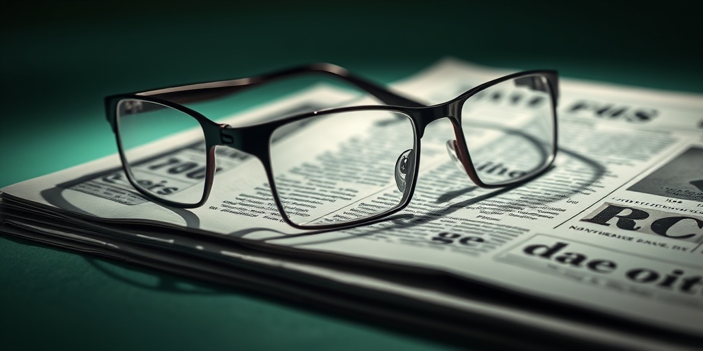 Stylish glasses rest beside a newspaper, highlighting the everyday impact of presbyopia against a soft green backdrop.2.png