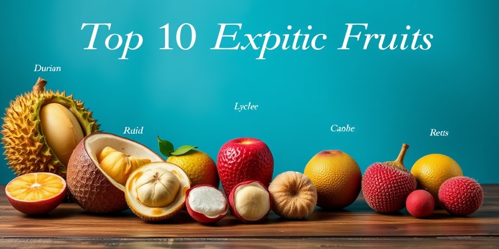 Top 10 exotic fruits elegantly labeled on a wooden table, contrasting beautifully with a subtle blue backdrop, inviting exploration.2.png