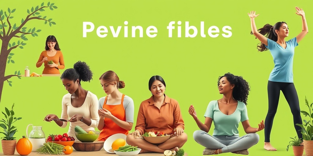 Women engage in healthy activities like cooking and exercising, set against a vibrant green backdrop, promoting preventive measures for uterine fibroids.5.png