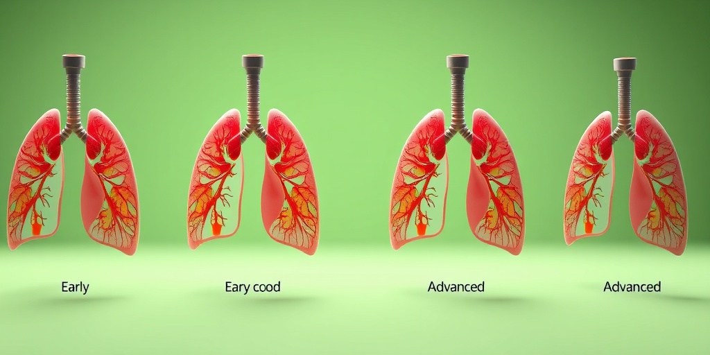 A 3D render illustrating lung cancer stages, with clear visual markers on separate lung models against a soft green backdrop.  3.png