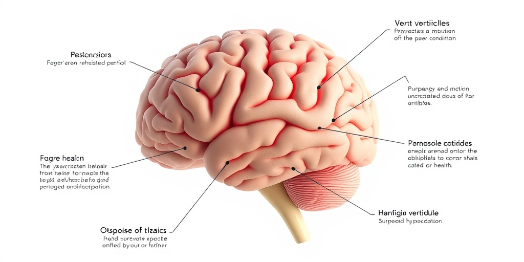 A 3D render of a human brain shows enlarged ventricles due to congenital hydrocephalus, highlighted with educational annotations.  2.png
