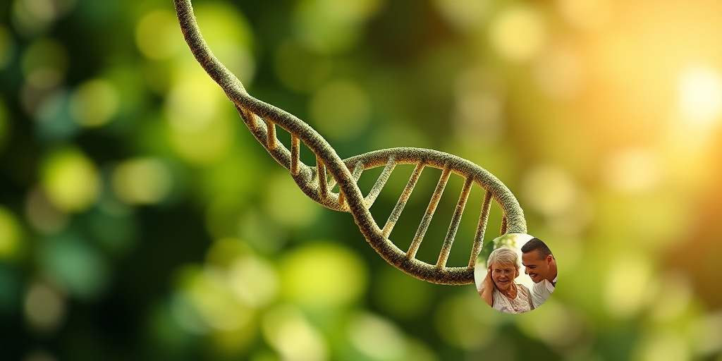 A DNA double helix intertwines with images of individuals, symbolizing the genetic roots of neurofibromatosis. 3.png