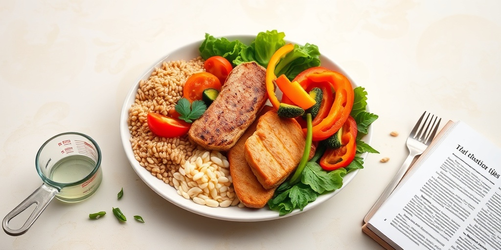 A beautifully arranged plate of healthy foods symbolizes balanced nutrition for managing gestational diabetes, with a recipe book nearby.  4.png