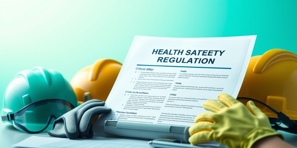 A close-up of a health and safety regulation document surrounded by essential safety gear, emphasizing compliance and safety guidelines.  3.png