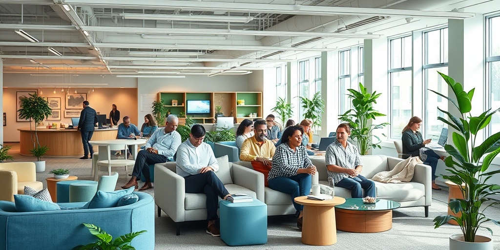 A collaborative workspace with employees engaging in discussions, bright lighting, and a harmonious color palette. 4.png