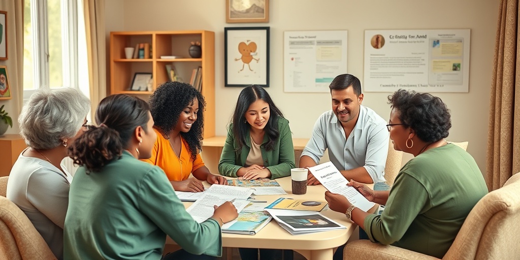 A community support group meeting for TCOF1 families, featuring diverse individuals engaged in conversation, surrounded by resources and warm lighting.5.png