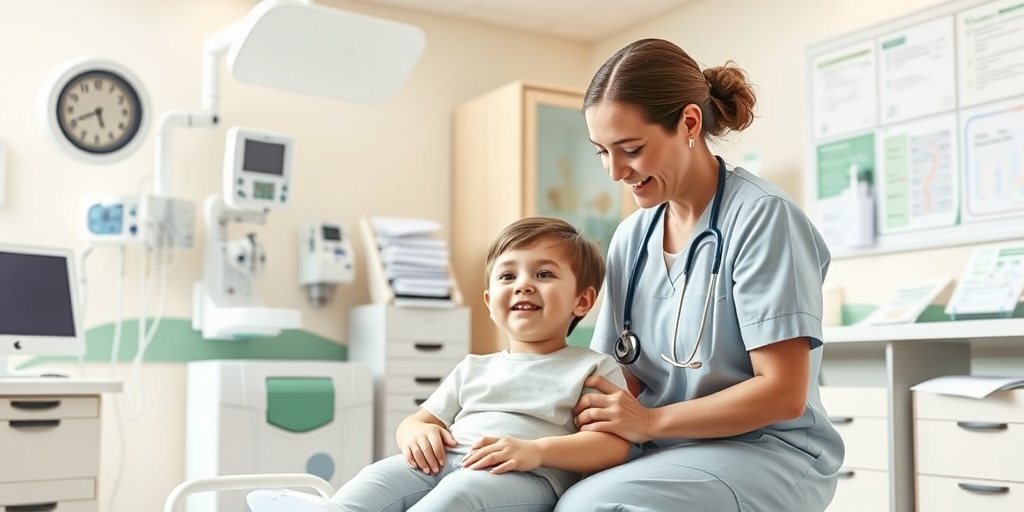 A compassionate healthcare professional interacts with a child receiving gene therapy in a bright, welcoming pediatric clinic.  4.png