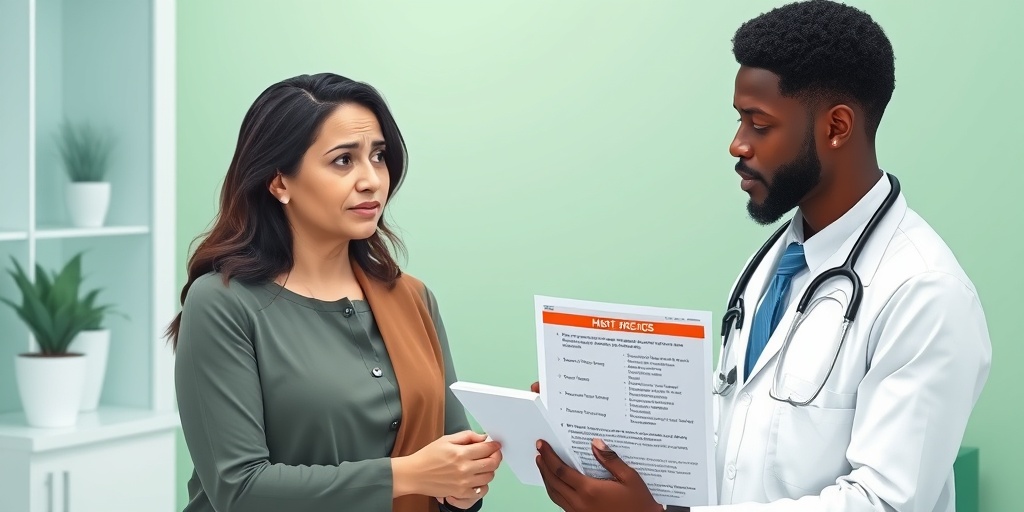 A concerned Hispanic woman discusses treatment risks with a young Black healthcare provider in a calming green clinic environment.  3.png
