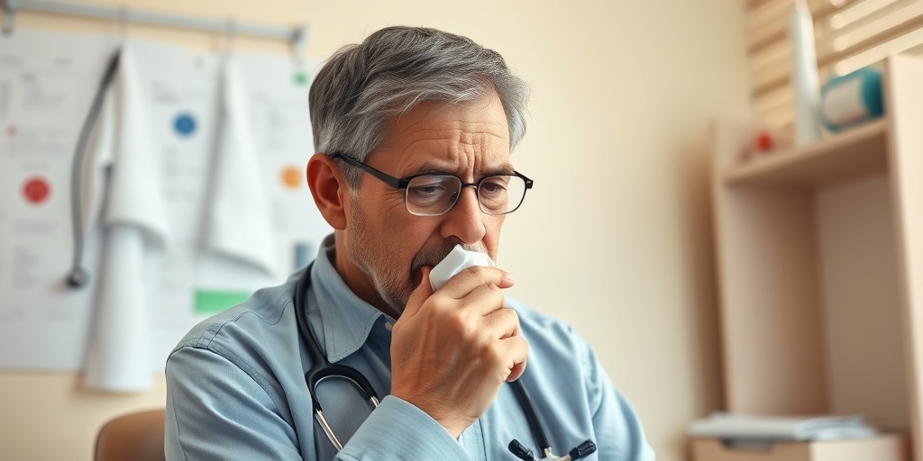 A concerned middle-aged adult in a doctor's office, holding a tissue, surrounded by medical charts in a calming atmosphere.  2.png