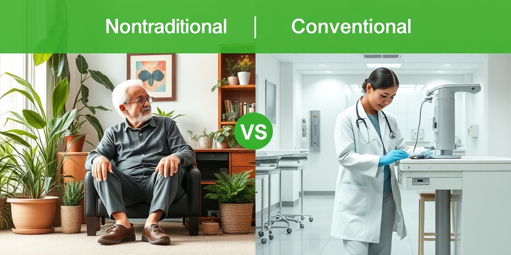 A cozy nontraditional medicine office contrasts with a sterile conventional clinic, showcasing different patient care approaches and environments.  4.png