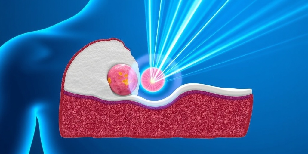 A cross-sectional view illustrates radiation beams targeting a vibrant tumor amidst healthy tissue, showcasing treatment precision.  2.png