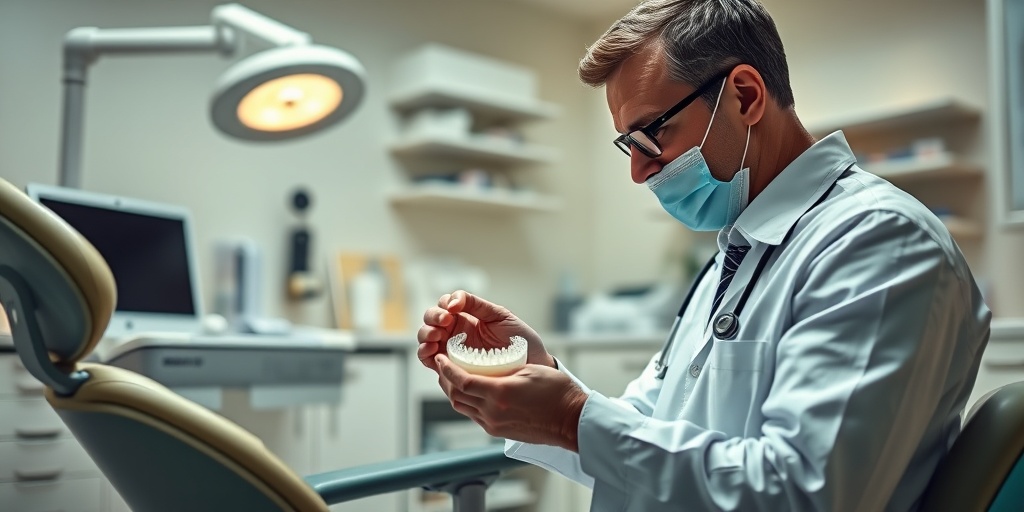 A dental professional demonstrating a mouthguard to a patient in a warm, clinical setting, emphasizing care and trust.  4.png
