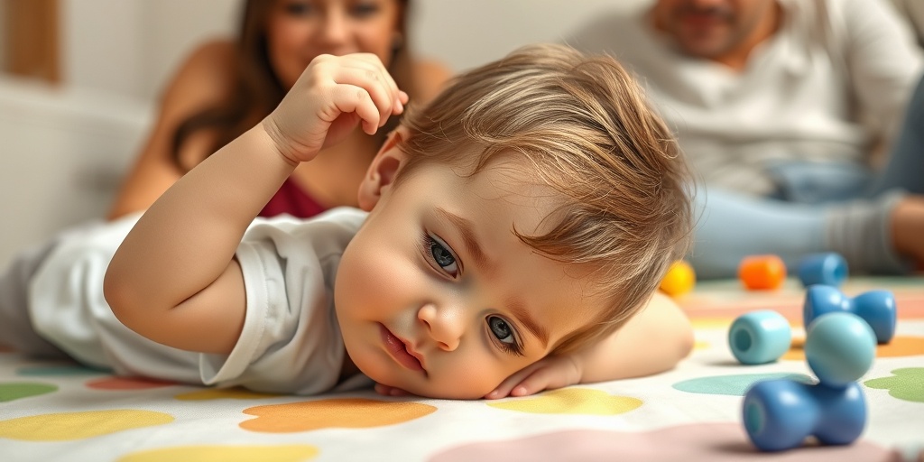 A determined toddler struggles to lift their head on a colorful play mat, supported by encouraging family members nearby.  2.png