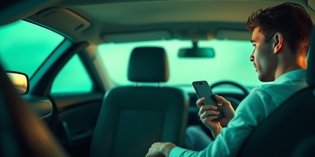 A distracted driver in a car interior, showcasing whiplash risk factors with cinematic lighting and a soft green backdrop. 3.png