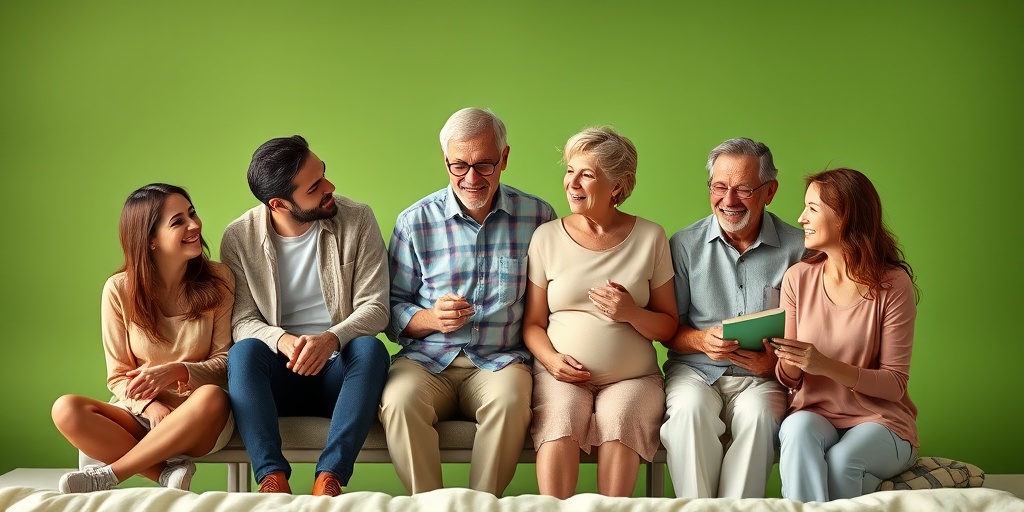A diverse group discussing lymphedema risk factors, engaged in healthy activities, surrounded by a supportive atmosphere.  3.png