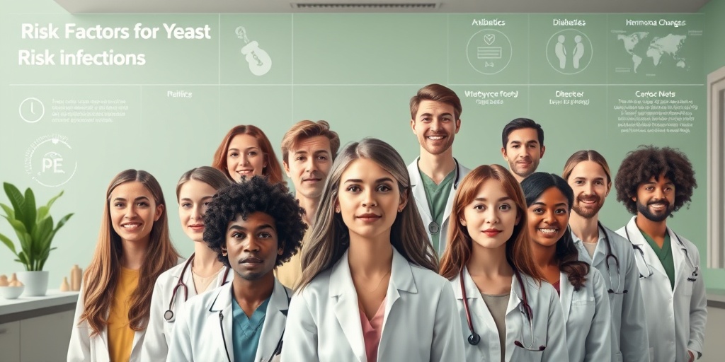 A diverse group in a clinical setting, highlighting risk factors for yeast infections, with informative charts and a harmonious background.  3.png