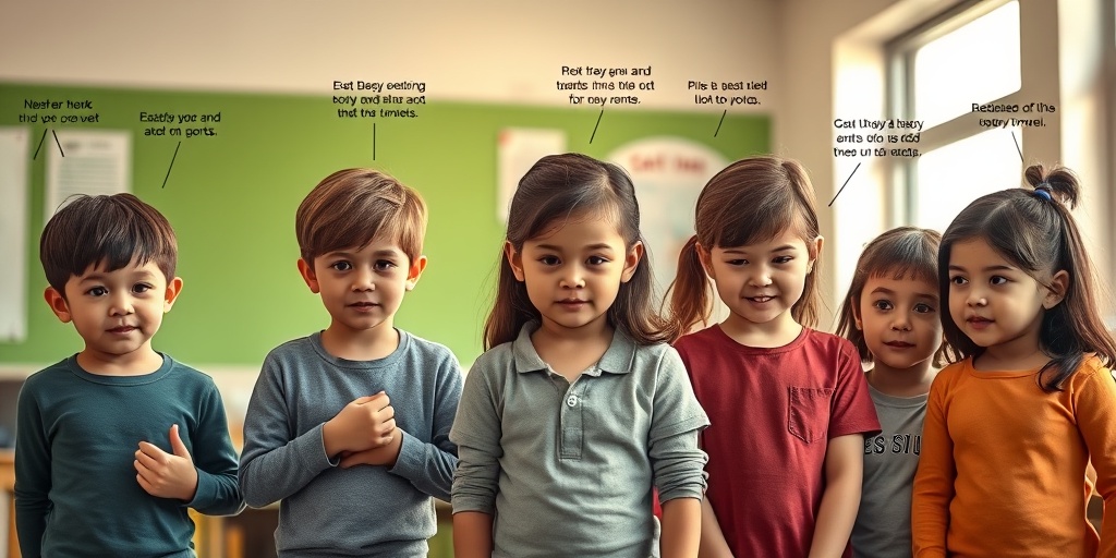 A diverse group of children in a bright classroom, showcasing various symptoms of Central Precocious Puberty with emotional expressions.  2.png