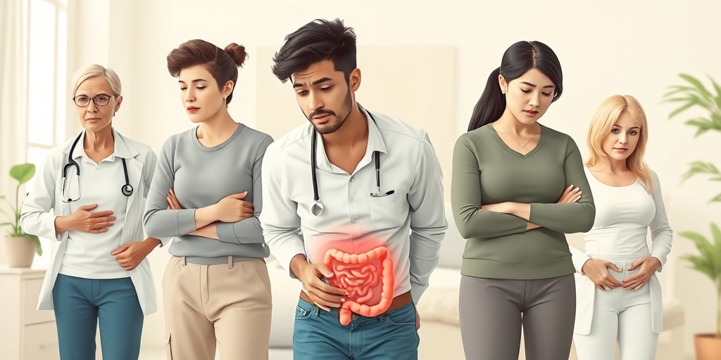 A diverse group of individuals in relatable settings, expressing discomfort related to colorectal cancer symptoms.  2.png