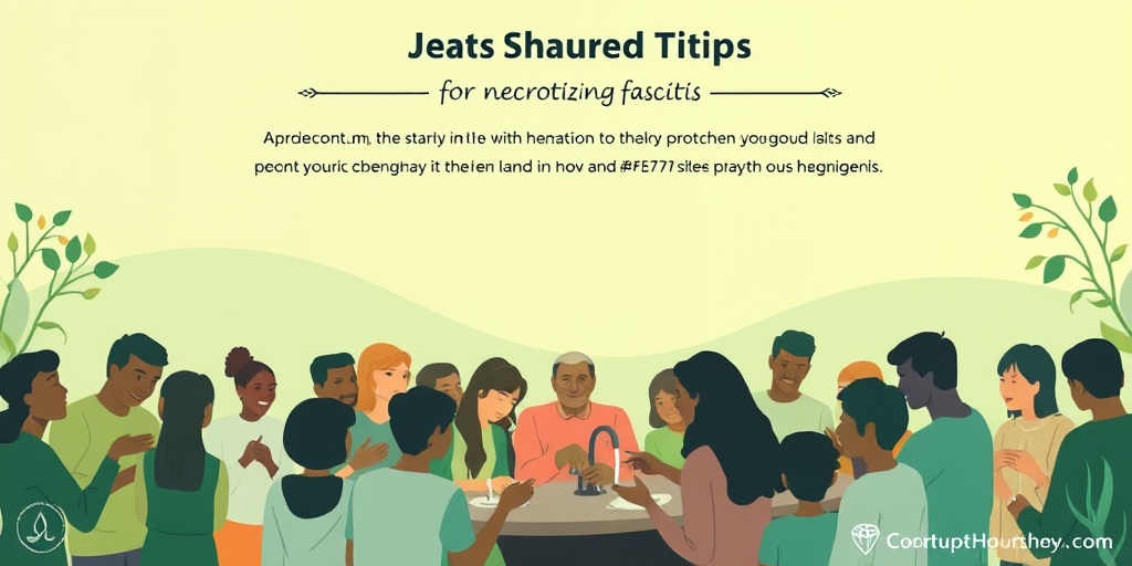 A diverse group practicing good hygiene to prevent necrotizing fasciitis, set against vibrant colors promoting health and safety.5.png
