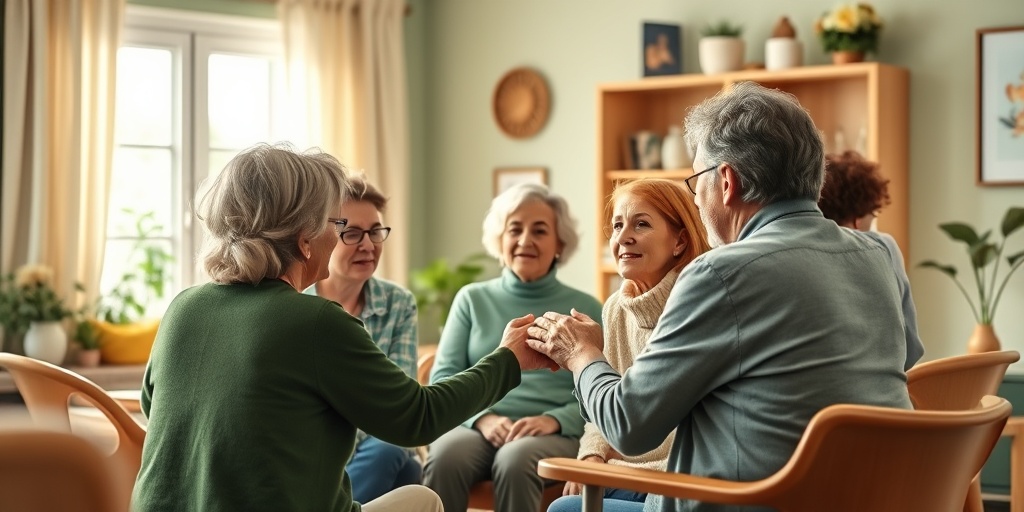 A diverse support group shares experiences in a cozy community center, fostering empathy and connection.  5.png