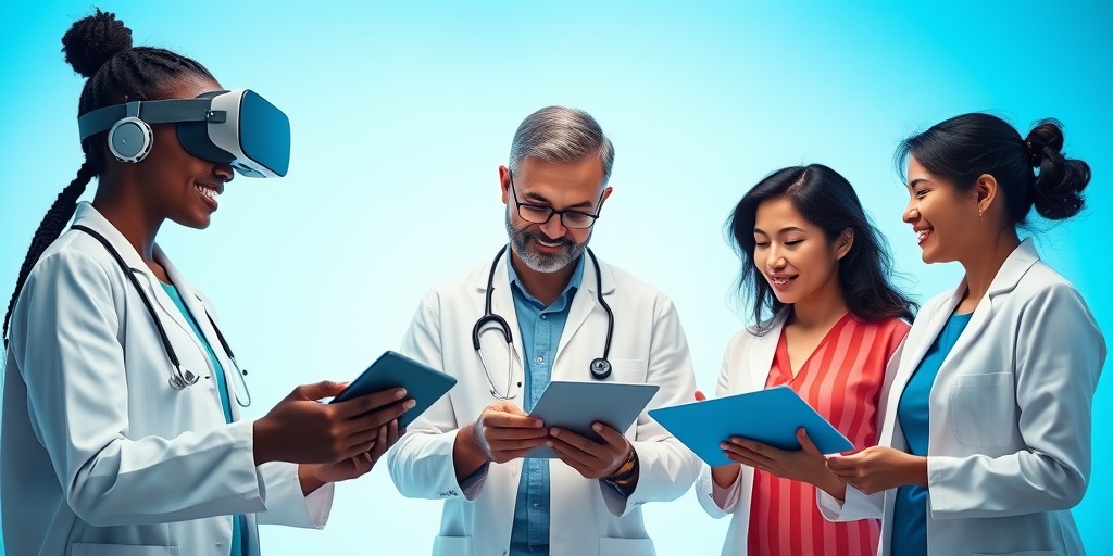 A diverse team of healthcare professionals collaborates in a high-tech space, symbolizing the innovative future of nontraditional medicine.  5.png