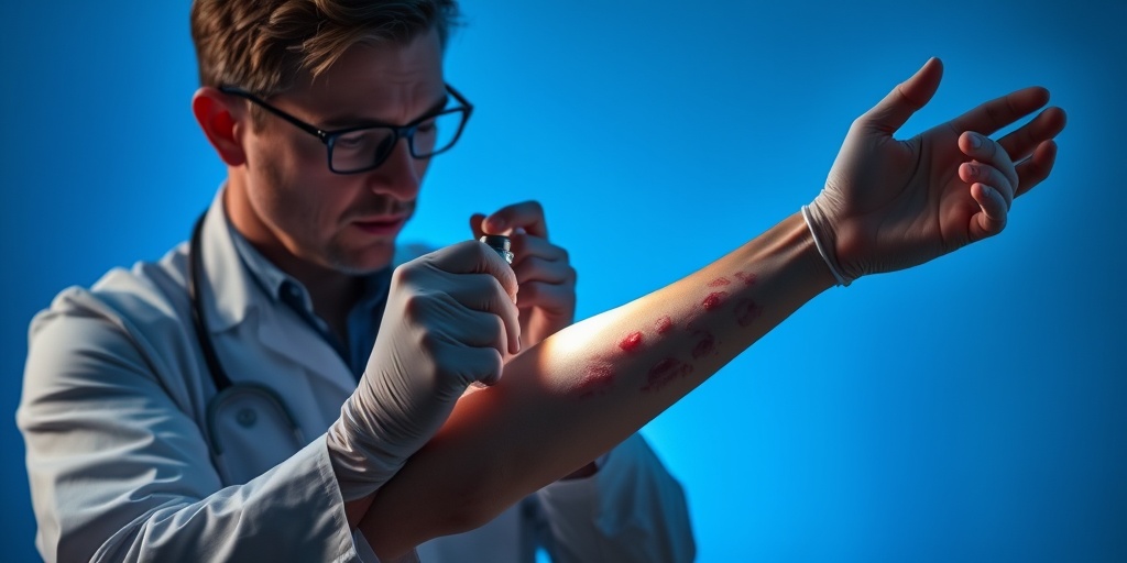 A doctor examines a patient's arm with necrotizing fasciitis symptoms, using a flashlight in a dramatic, urgent setting.2.png