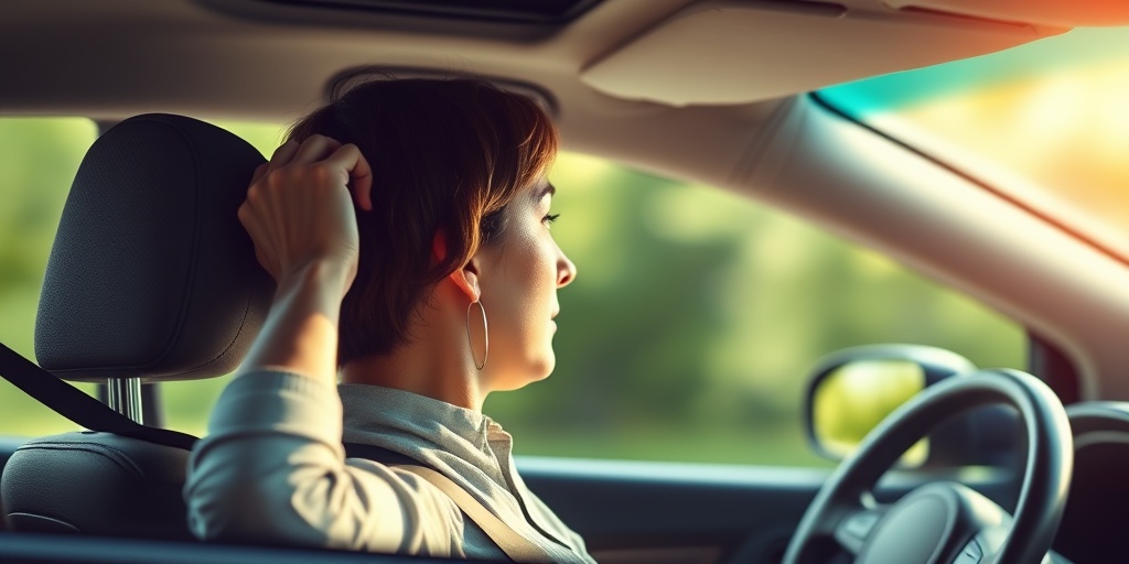 A driver adjusts their headrest while wearing a seatbelt, illustrating whiplash prevention strategies in a serene green environment. 5.png