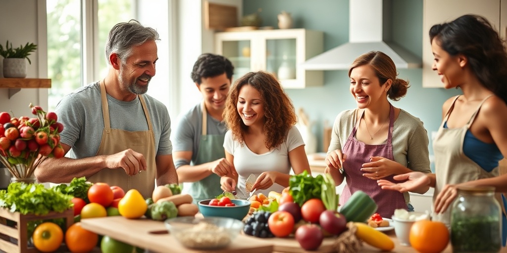 A family joyfully prepares a healthy meal in a bright kitchen, showcasing colorful ingredients and the benefits of healthy eating.  5.png