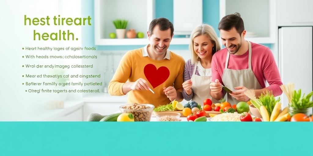 A family joyfully prepares a heart-healthy meal together, highlighting the importance of diet in managing cholesterol levels.5.png