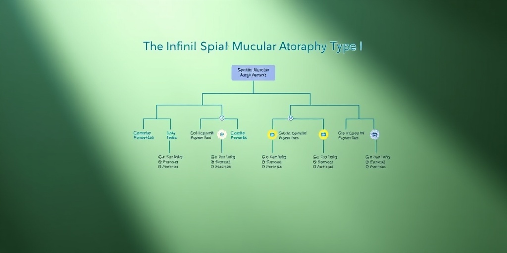A family tree diagram highlights genetic markers for Infantile Spinal Muscular Atrophy Type I against a calm green background.  3.png