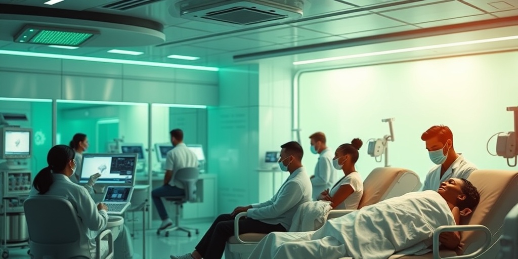 A futuristic medical facility showcases diverse patients receiving cord blood stem cell treatments, symbolizing hope and potential breakthroughs. 5.png