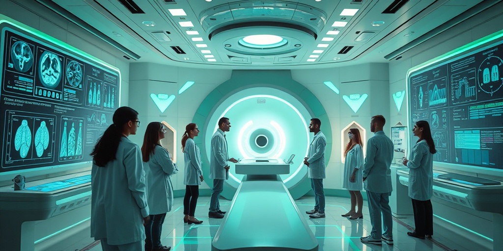 A futuristic treatment room features holographic displays and a collaborative medical team, symbolizing advancements in radiation therapy.  5.png